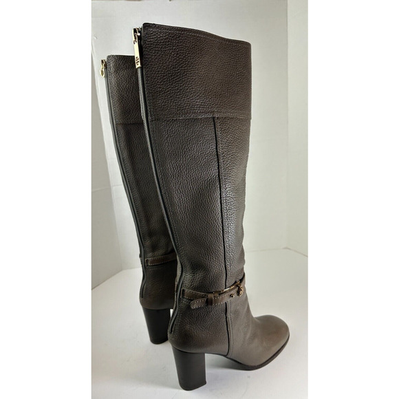 Tory Burch Pebbled Leather Back Zip Tall Block Heeled Buckle Boots Gray Size 6 M - Picture 9 of 15
